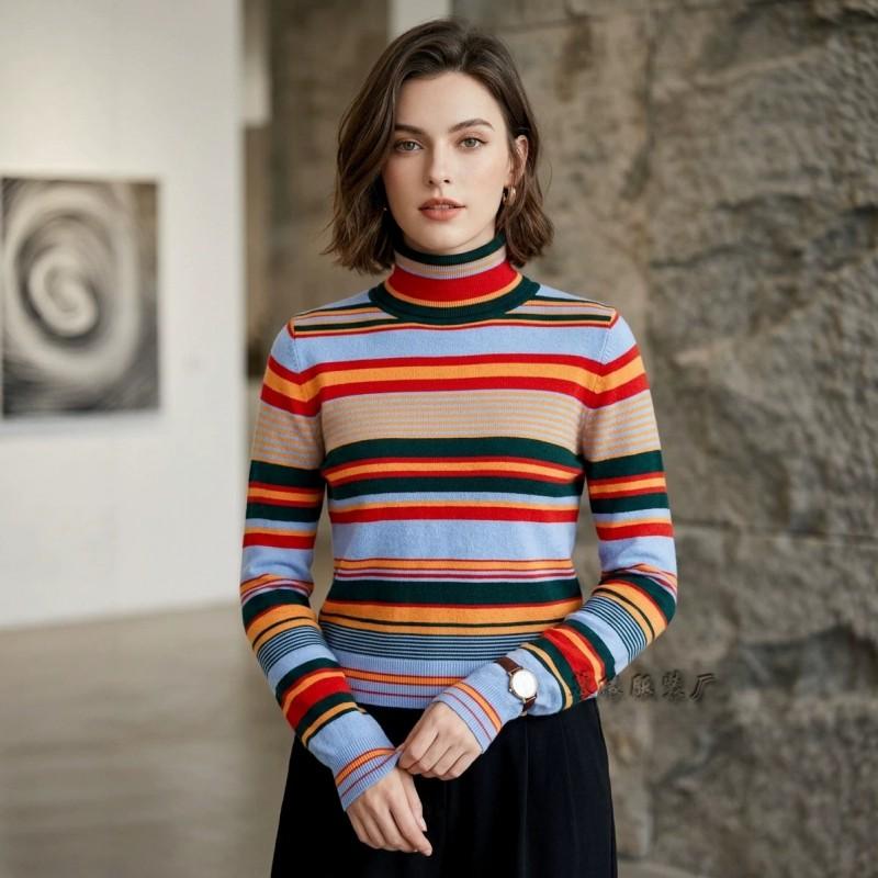 Womens High Neck Knit Sweater With Colorblock Stripe Design Slim Fit Long Sleeve Pullover Winter 2026