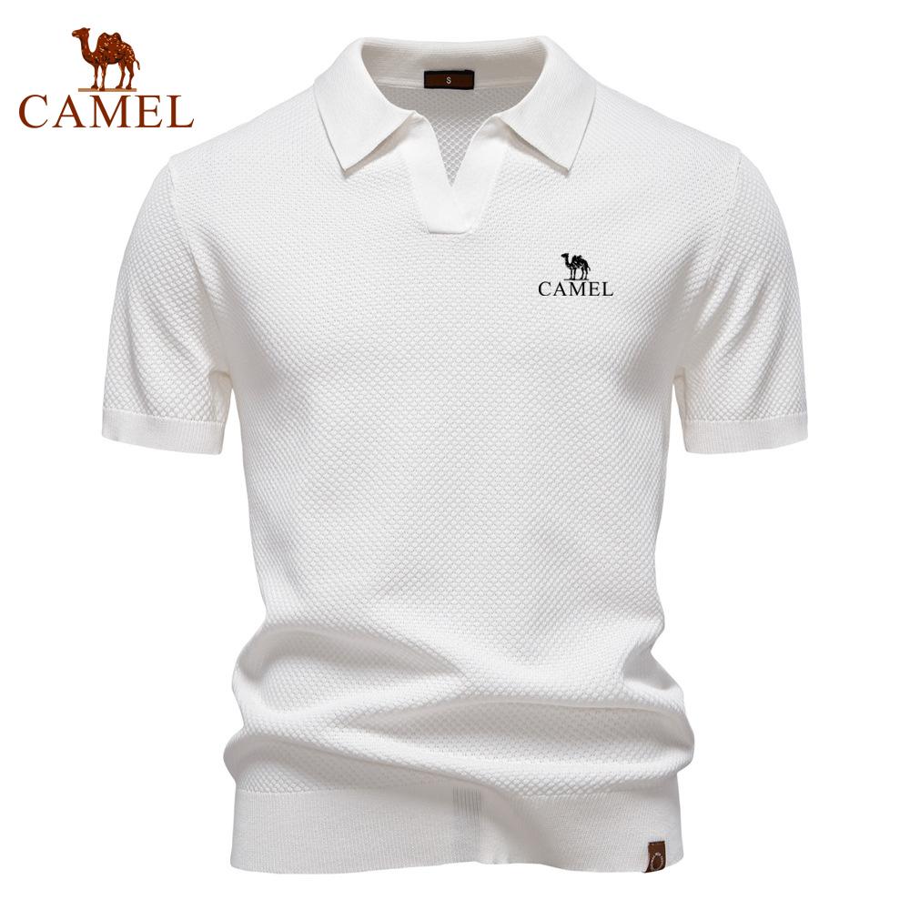 Camel Summer Embroidery Large Pineapple Pattern Woolen Polo Sweater for Men's Business, Seagull Collar, Men's Short Sleeve Sweater