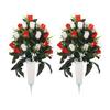 2 Pcs Artificial Cemetery Flowers Outdoor Gravestone Faux Rose Flower with Vase Graveyard Memorial Bouquet for Cemetery Headstones Decoration