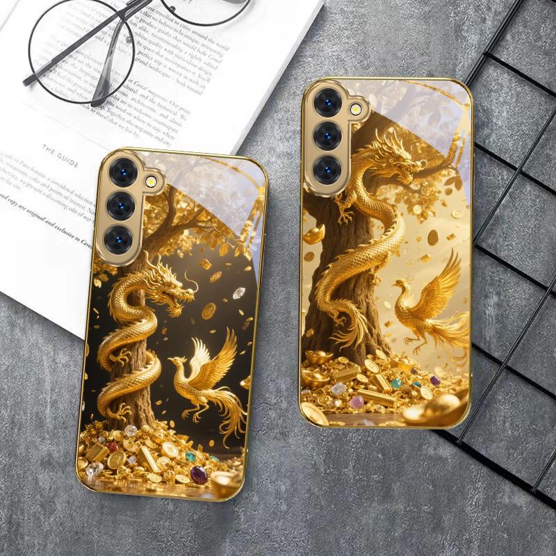 Золотой Дракон Сворачивается Для Samsung Galaxy S20 FE S21 S22 S23 Plus S24 Ultra S25Ultra S21+ S9+ S22Plus Золотой стеклянный чехол для телефона
