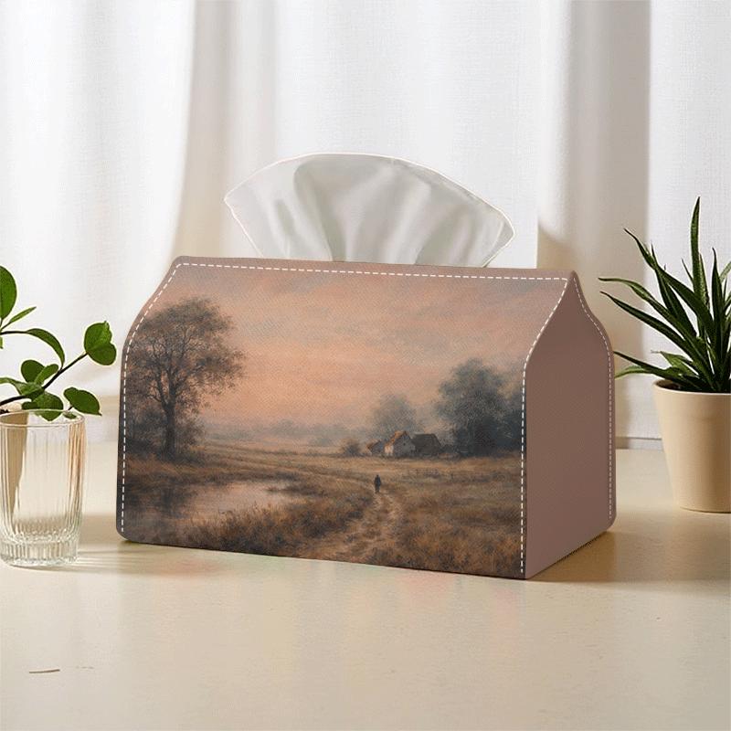 1pc 2D Flat Printing Pastoral Scenery Misty Dawn Vintage Style Suitable for Living Room, Bedroom, Study, Dining Room Tissue Box, Polyester Material, P