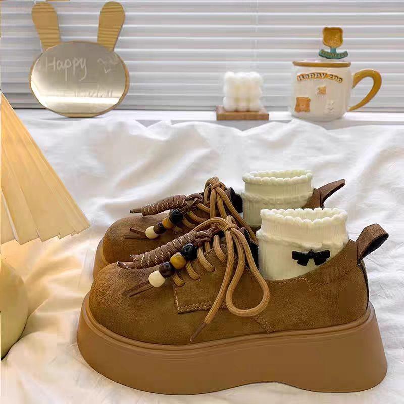 Ретро Лоферы на шнуровке с небольшой платформой для женщин 2025 Осень Новые Повседневные Универсальные на толстой подошве Бокен Обувь Одинарная обувь