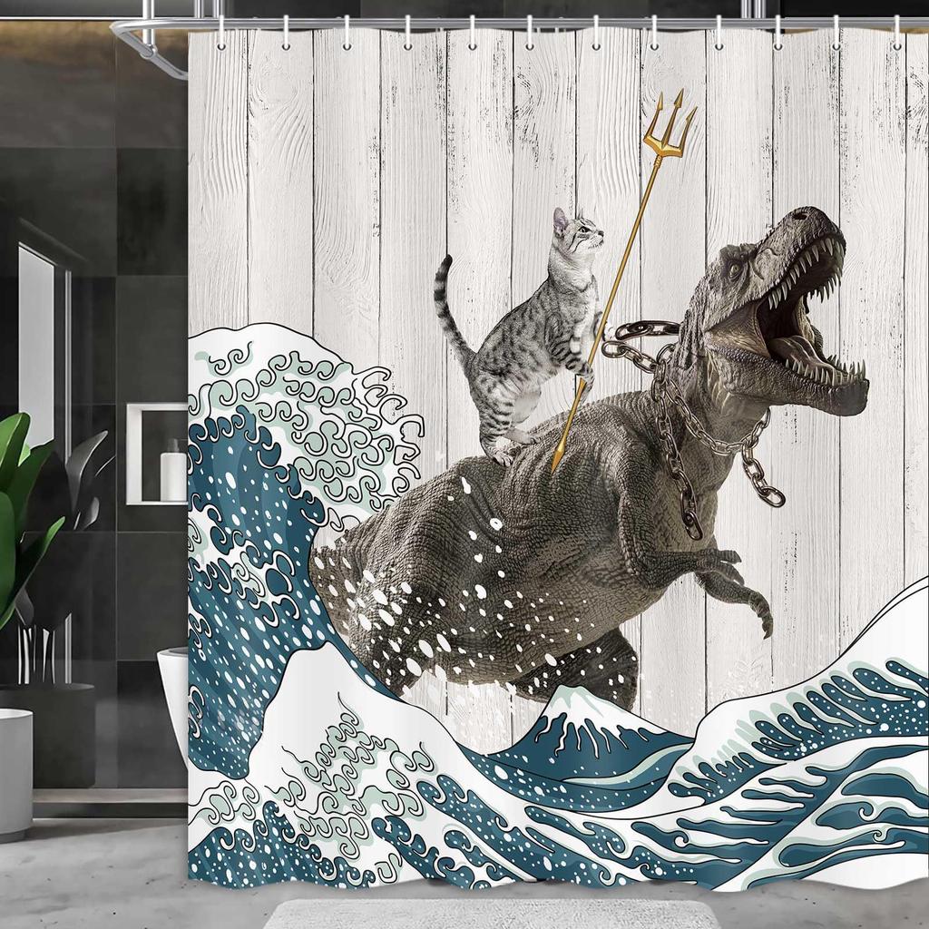 Занавеска для душа с кошкой Крутой кот Динозавр Японская волна Декорация Тканевая занавеска для ванной Детская Деревенская Деревянная Фермерский дом Занавеска для душа