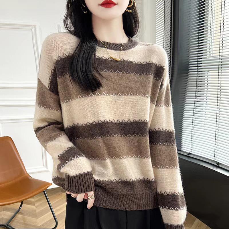 Women's Striped Round Neck Wool Sweater - Loose, Thick Knit, Lazy Style for Autumn and Winter