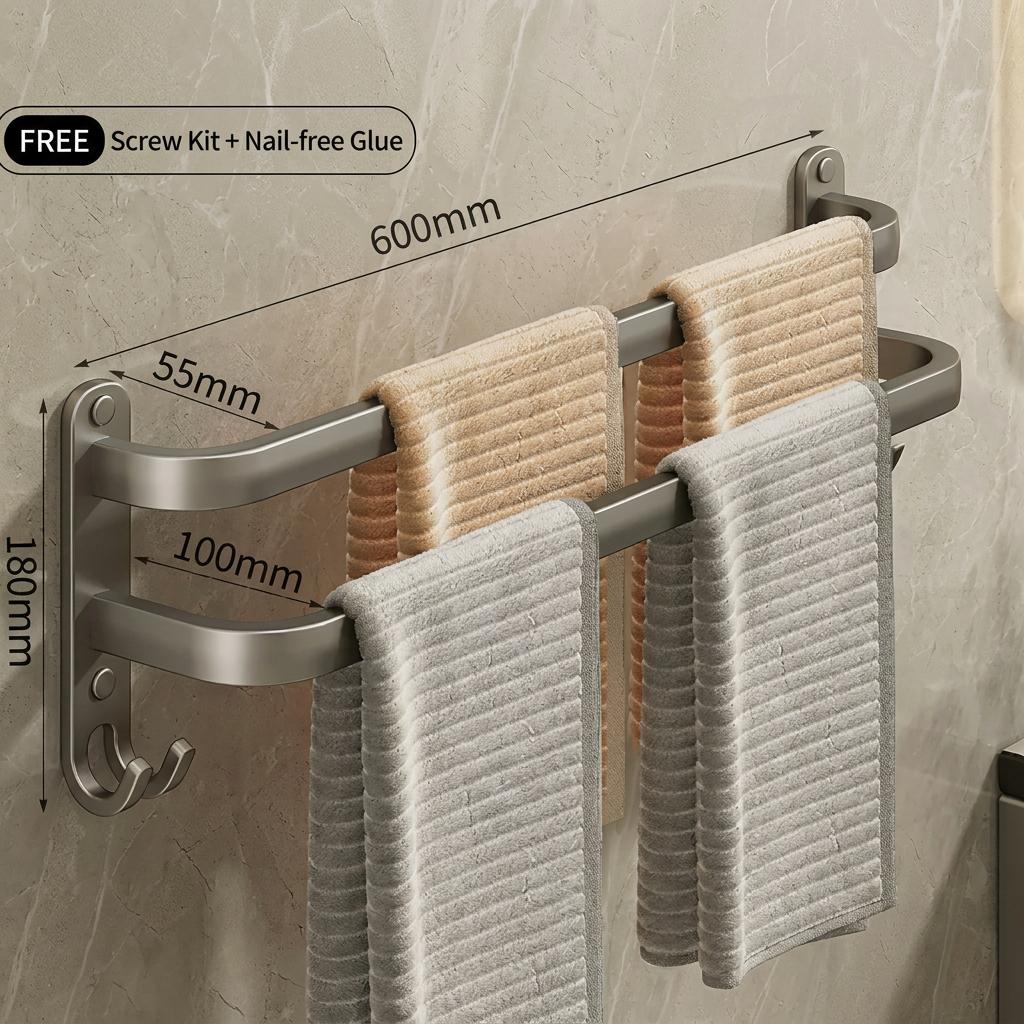 Gun Gray Towel Rack, No-drill Bathroom Wall-mounted Bathroom Towel Hanging Rod Storage Rack Toilet Storage Hanger