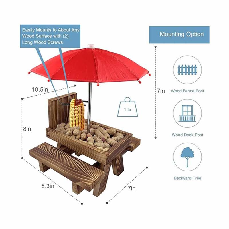 AEE4-Squirrel Feeder Picnic Table With Umbrella,Wooden Squirrel Feeders For Outside,Cute Chipmunk Feeder+Solid Structure