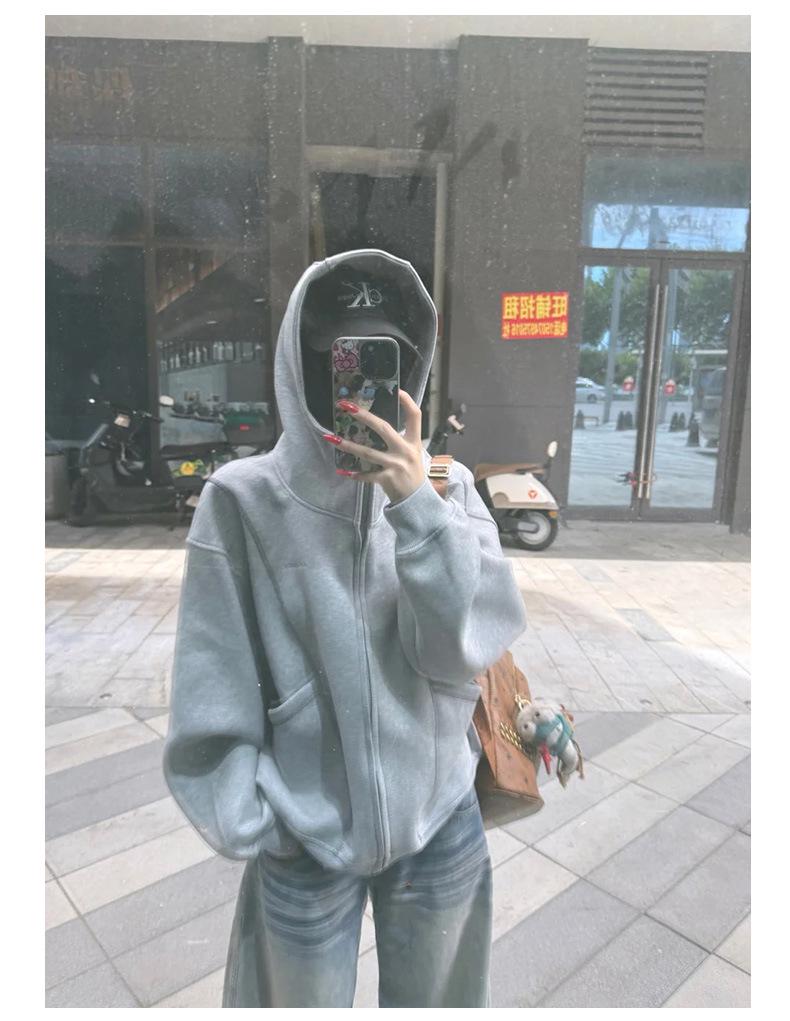 Women's Gray Sweatshirt Jacket - 2025 Early Autumn/Winter Korean-Style Petite Versatile Commuter Outfit