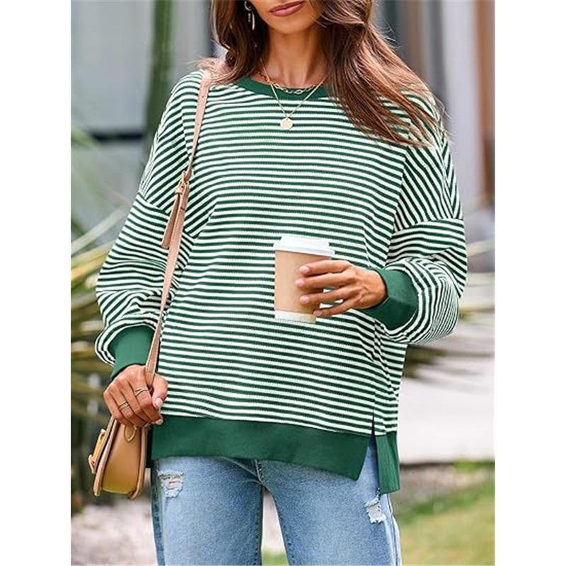 Women Striped Crew Neck Sweatshirt Loose Oversized Long Sleeve Pullover Casual Daily Blouse Top