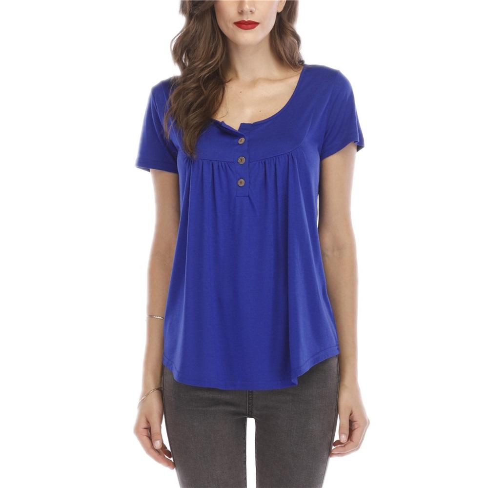 Women's Short-sleeved Round Neck Button Loose Elastic Casual T-shirt