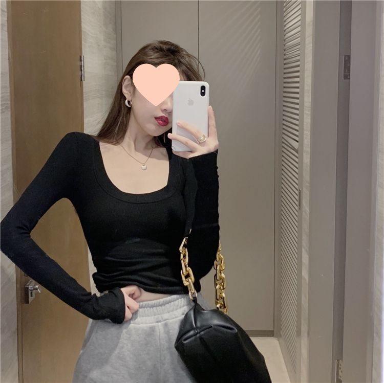 Женская футболка в корейском стиле с U-образным вырезом, в рубчик, прилегающего силуэта, с длинным/коротким рукавом, для весны/лета