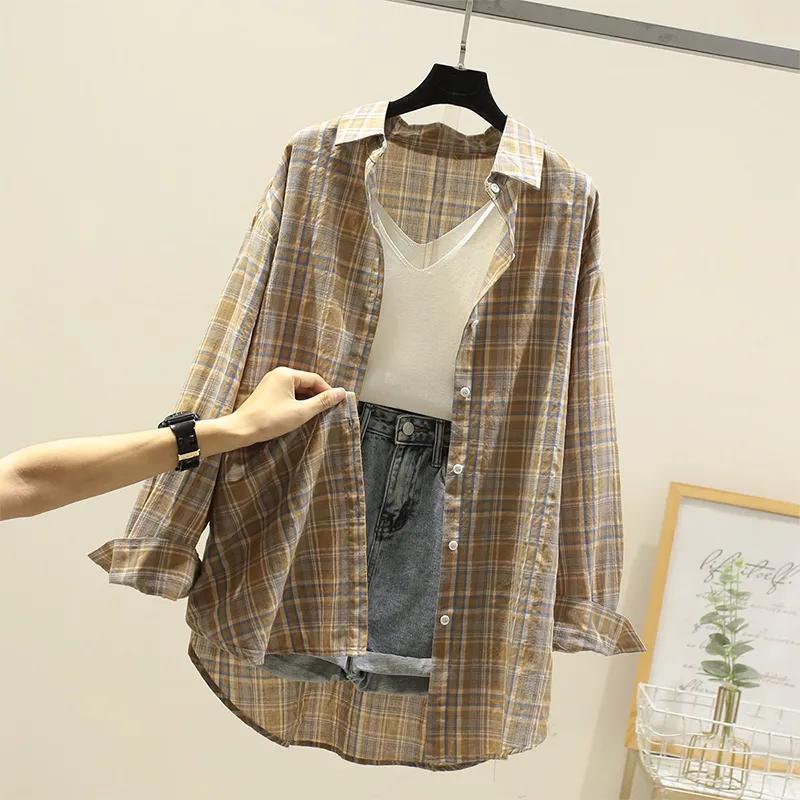 Cotton Thin Sunscreen Plaid Shirt Spring and Summer Women's Loose Plaid Shirt Student Jacket