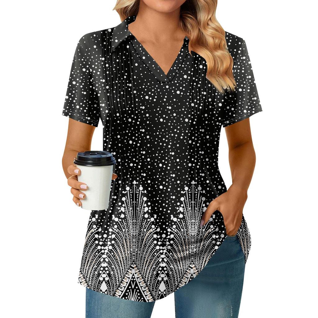 Womens Short Sleeve T Shirts Pleated V Neck Printing Tee Collared Summer Tops Fashion Business Casual Work