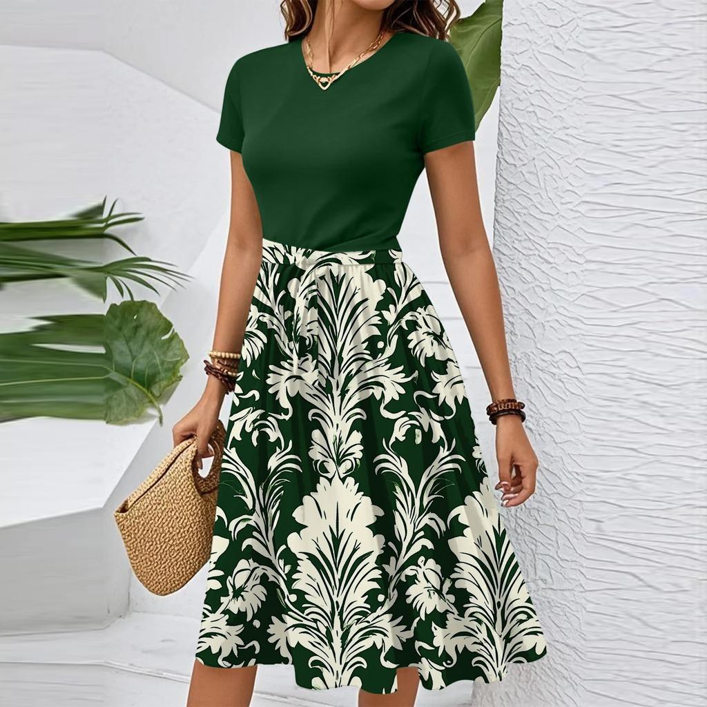 Women's Casual Fashion Belted Floral Print Short Sleeve Round Neck Elegant Dress