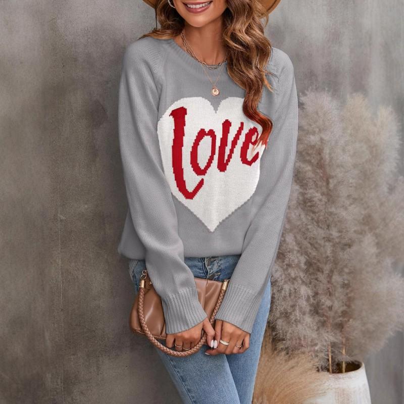 Womens Oversized Knit Sweater With Heart Embroidery Round Neck Long Sleeve Pullover Winter