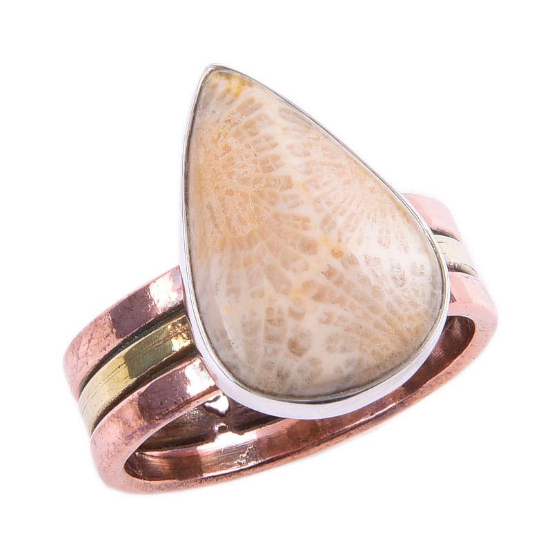 Натуральный ископаемый коралл драгоценный камень 925 стерлингового серебра ювелирные изделия двухцветное кольцо S.8 T9V50