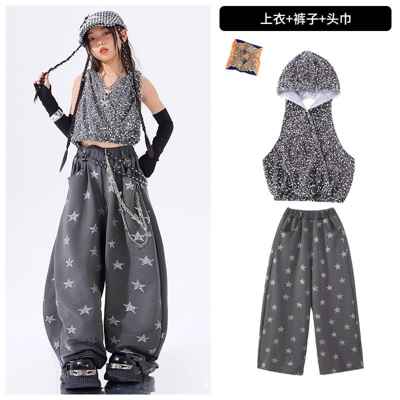 Girls Jazz Dance Performance Outfit Set Kids Street Costume Sleeveless Top Pants With Accessories