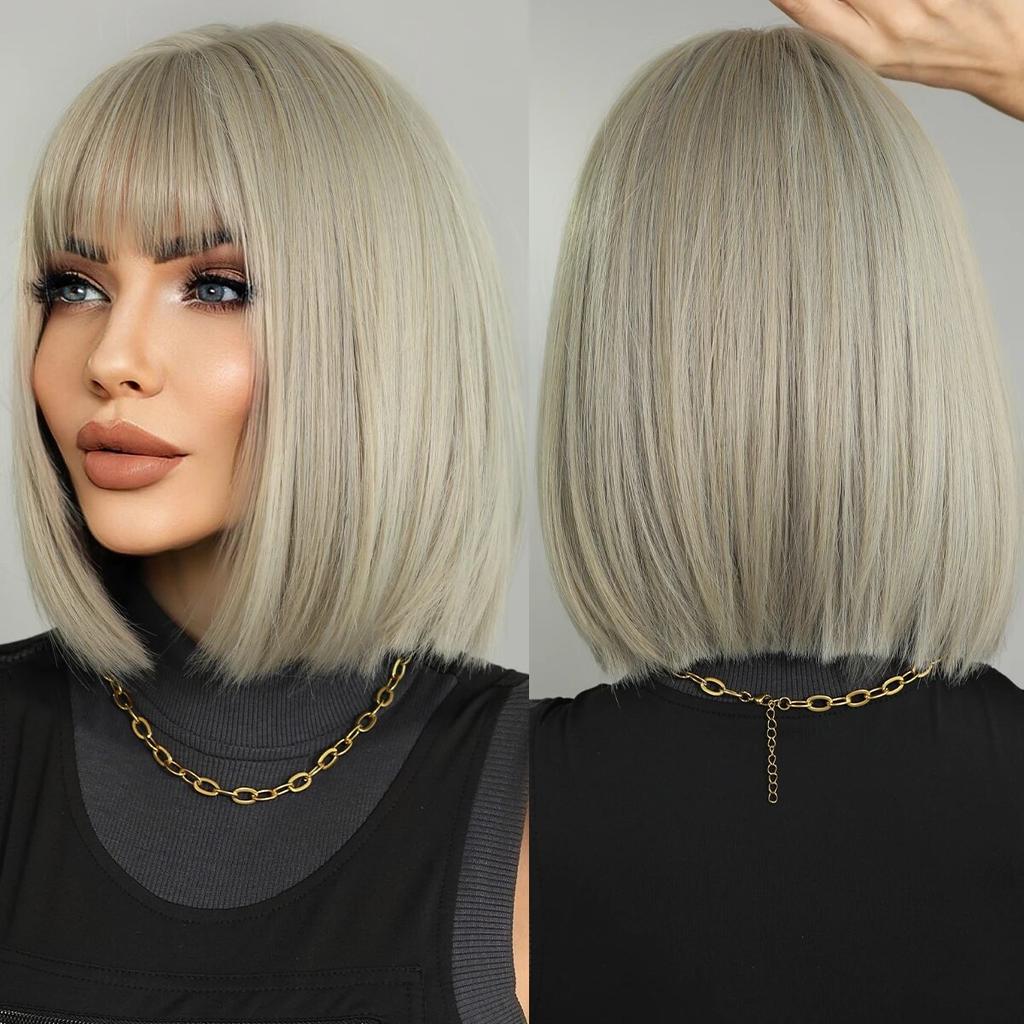 Черный с белым парики Боб с челкой Короткие прямые парики для женщин Основные моменты Парик Косплей Вечеринка Blackpink Корейский парик