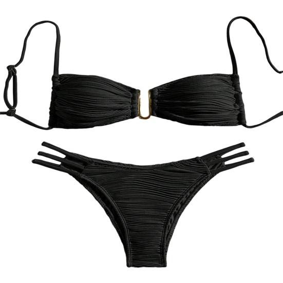 2Pcs/Set Women Bikini Set Sling Bandeau Padded Bra Wrinkle Texture Briefs Set Patchwork Color Split Swimsuit