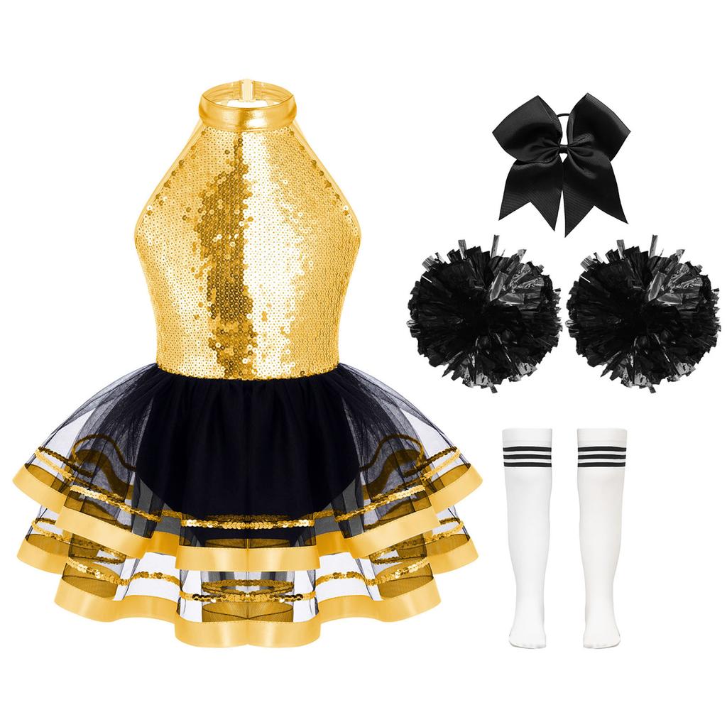 Girls Cheerleading Outfit Sleeveless Halter Sparkling Sequins Backless Tulle Tutu Dress Flower Balls Headwear Socks Set