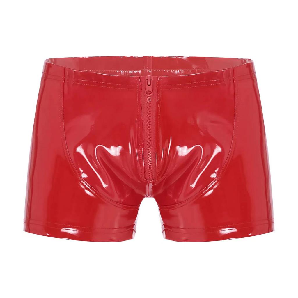 5XL Mens Sexy Open Crotch Leather Short Pants For Sex Latex Shaping Sheath Fetish Boxer Leather Underpants Bulge Pouch Sexi