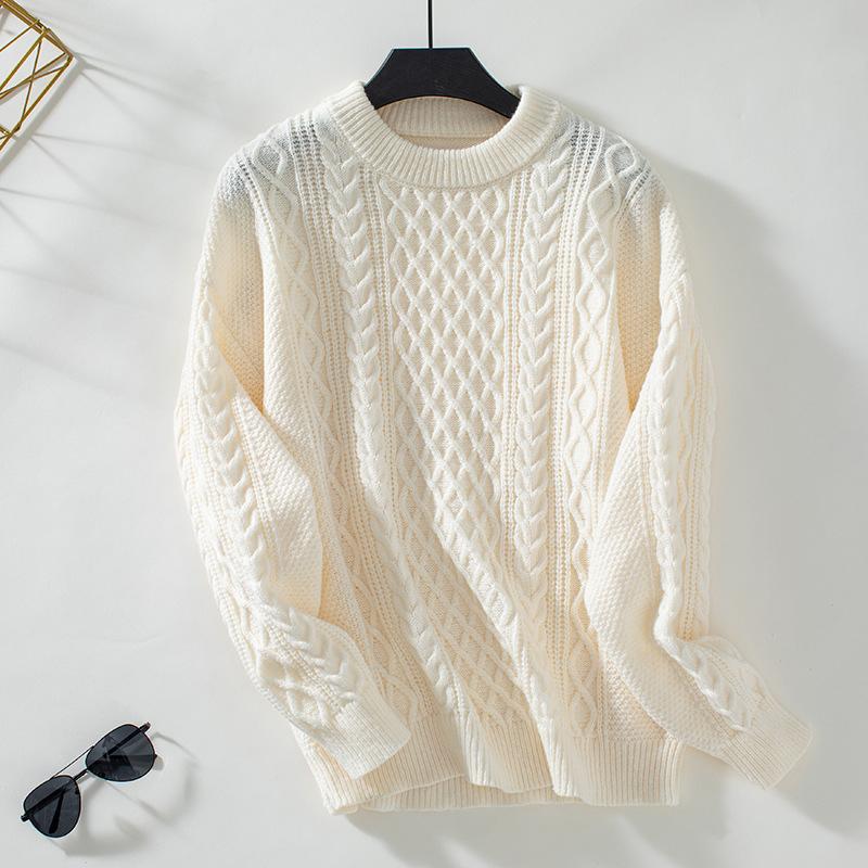 Осень-зима Винтажный свободный топ с длинными рукавами Однотонный пуловер Трикотажный свитер с круглым вырезом