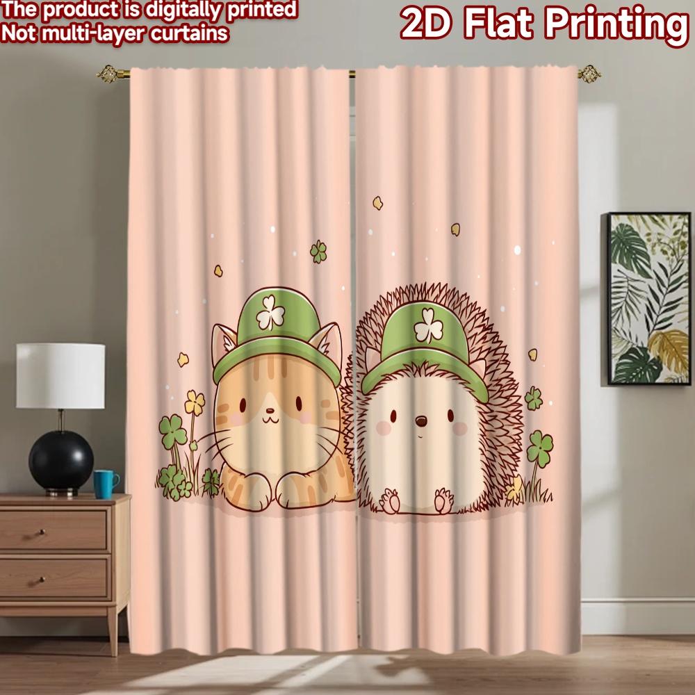 2D плоская печать 2 шт. Шторы Милый Кот Ежик Клевер Цифровая Печать Полиэстер Занавески Праздничный Декор Стены Использование для Фото