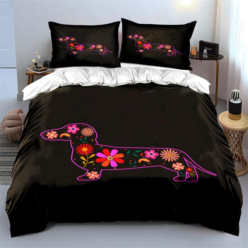 Colorful Floral Dachshund Design Set Bedding Set with 1 Duvet Cover 2 Pillowcases Single Double King Queen, Gift