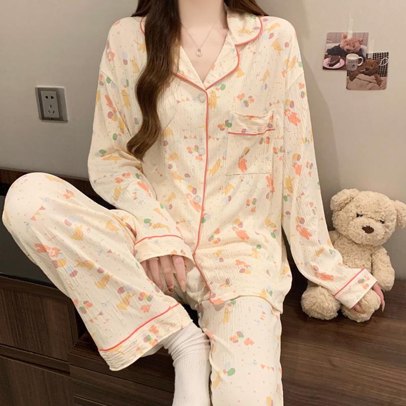 Весенне-осенний женский пижамный комплект для дома, пижама-кардиган с принтом "Любовь", пижама из жатой ткани, комплект с длинным рукавом