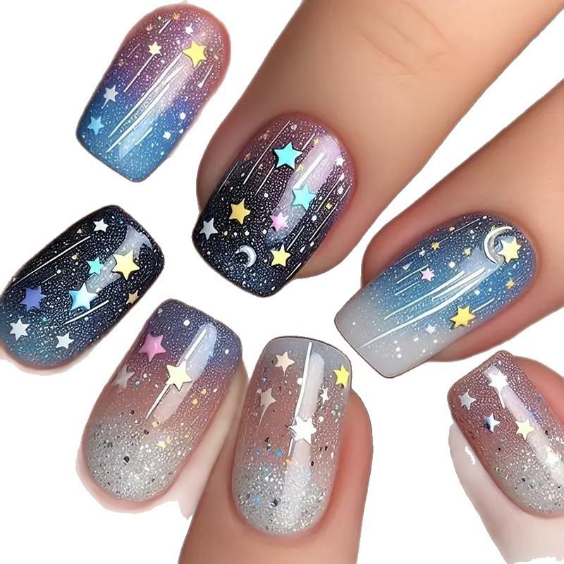 24 Pieces Of Manicure, Galaxy Dream Collection, Medium And Short Square Wearing Nail Pieces.