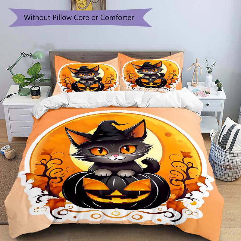 3pcs Black Pumpkin and Cat Quilt Cover Set - Soft & Comfortable Polyester Fabric, All-Season Breathable Comforter Set For 1 Quilt Cover & 2 Pillo