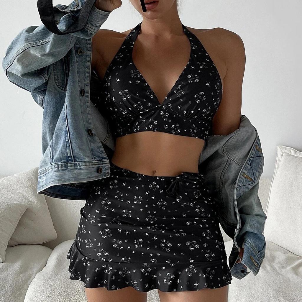 Купальник женский халтер раздельный набор из трех предметов цветочная сетка красная шнуровка юбка бикини костюмы EMA