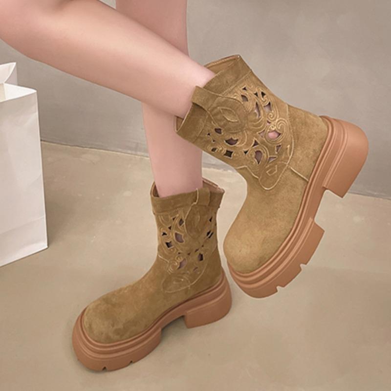 2024 Новые осенние женские удобные короткие ботинки на толстой подошве, женские полые модные ботинки с высоким каблуком и рукавами