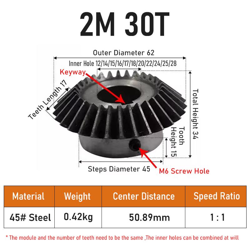 Bevel Gear 2M 30Teeth With Keyway Bore 12 14 15 16 17 18 20 22 24 25 28mm 90 Degree Drive Commutation Steel Gears With Screw