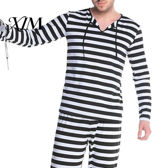 Jail Inmate Uniform Prisoner Costume for Adult, Women Striped Mini Dress, Men Top Prison Uniforms Pants, Halloween Dress-Up with Hat & Cuffs Pants