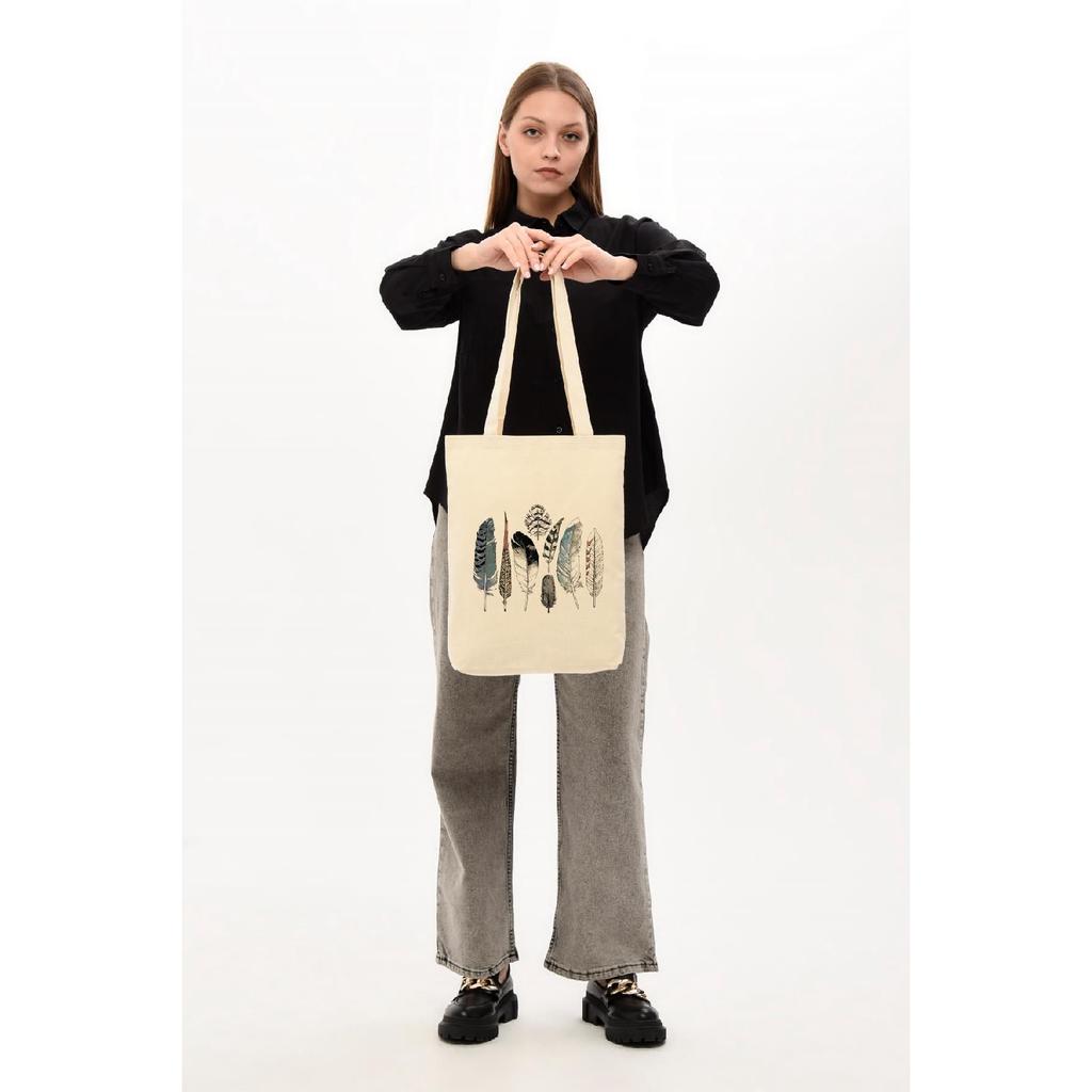 Холщовая тканевая сумка с принтом птичьих перьев