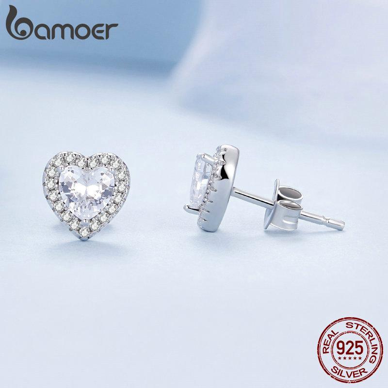 BAMOER Platinum Plated Halo CZ Stud Earrings 925 Sterling Silver Hypoallergenic Classic Elegant Earrings Fashion Jewellry