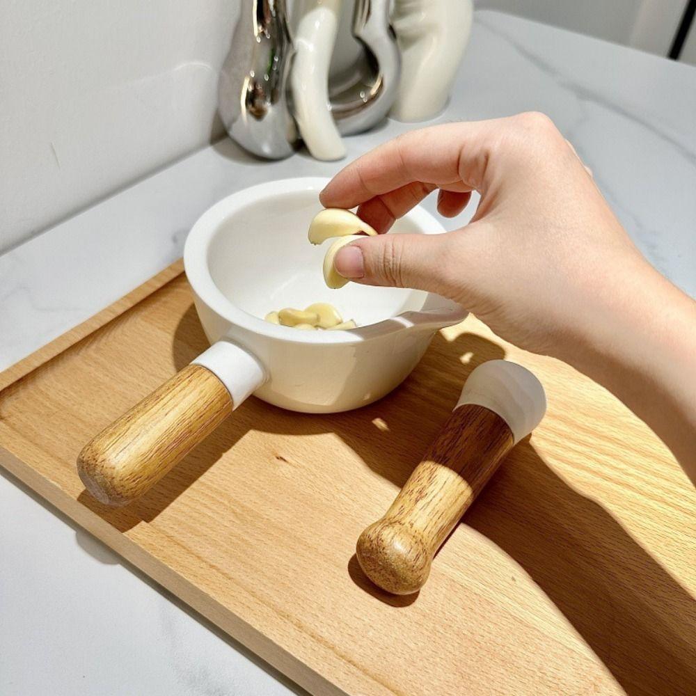 Efficient Grinding Hand-held Mashing Jar with Wood Handle Pottery Grinding Bowl  Household