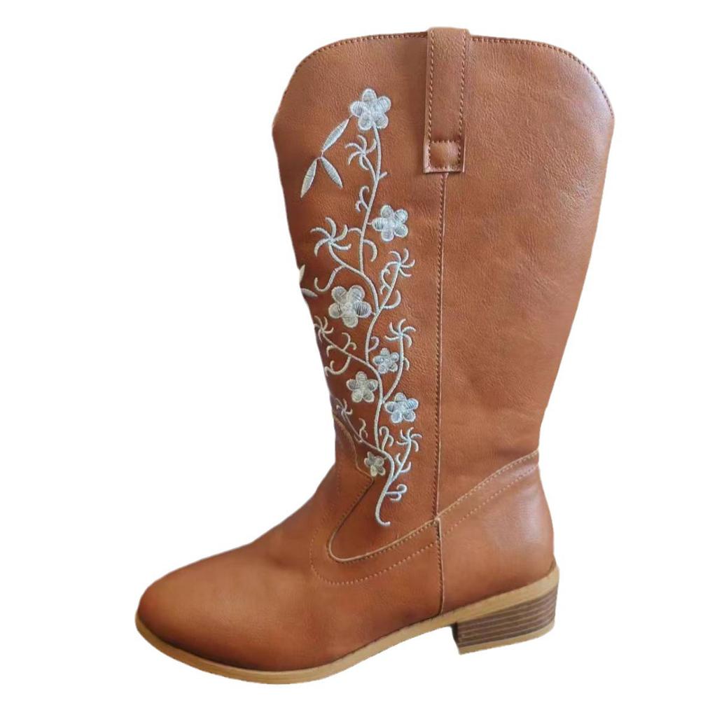 European And American Oversized Leather Boots Autumn And Winter New Print Versatile Waterproof And Simple Mid Top Boots