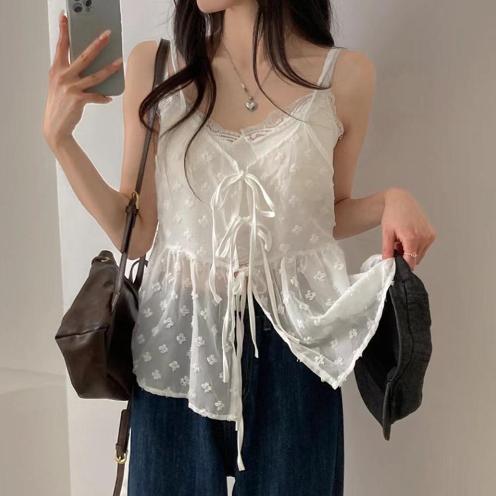 French Lace Sling Elegant Mesh Tops Women Summer Fashion Stacked Design Loose Gauze Tanks Korea Vintage Outwear Camis 2024 New