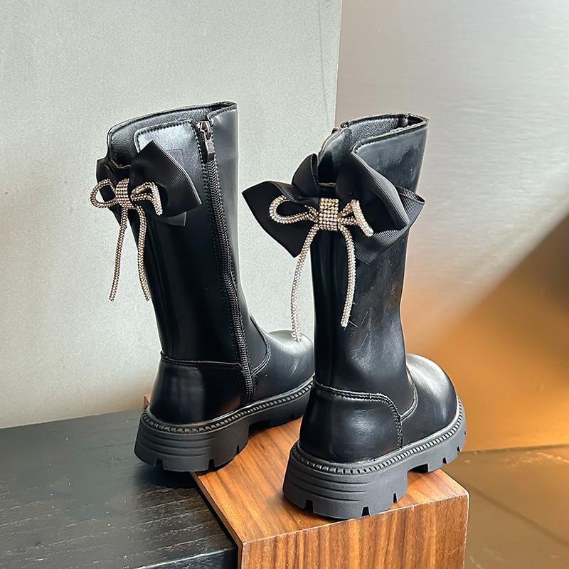Шикарные элегантные ботинки на платформе для девочек с бантом, универсальные детские модные ботинки, повседневные, трендовые, детские, принцесса, черные, классические ботинки, новые