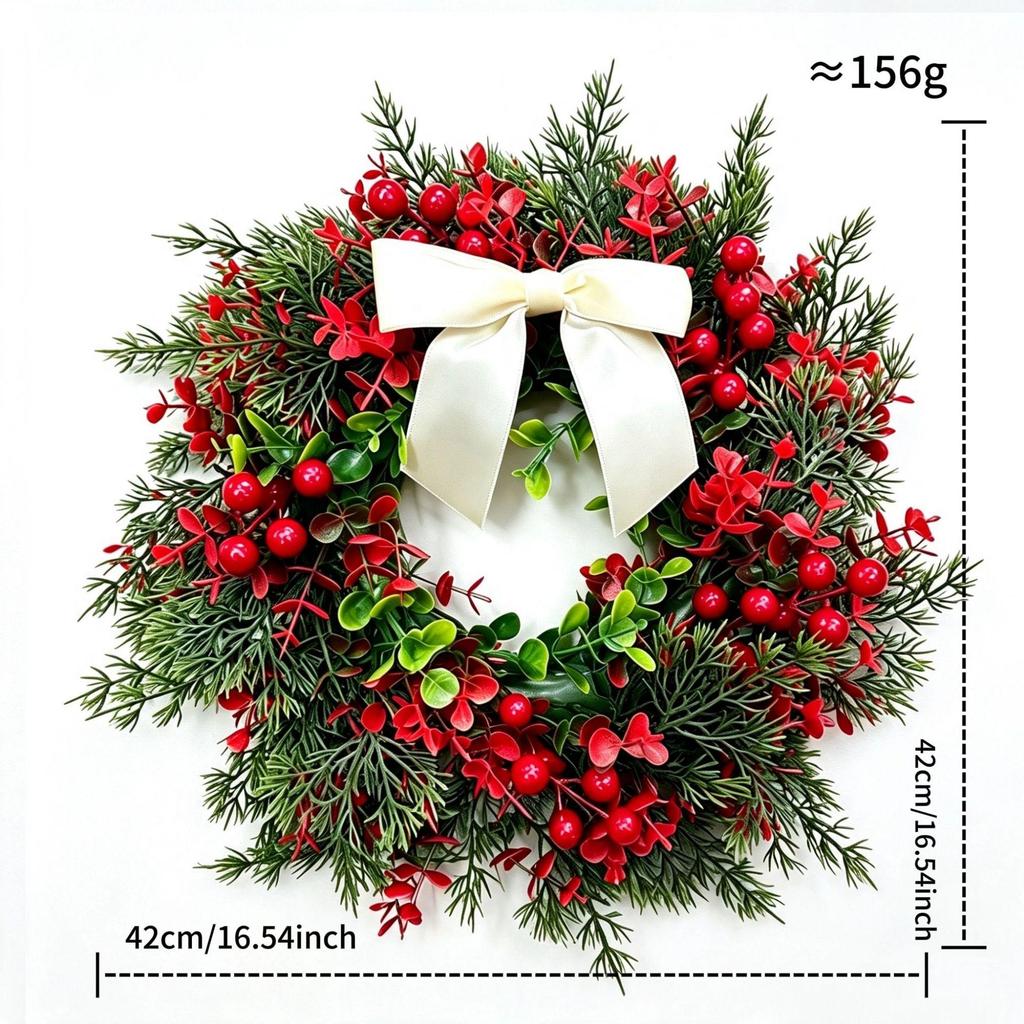 Christmas Red Berry Wreath with Bow - Decorative Hanging for Doors and Windows