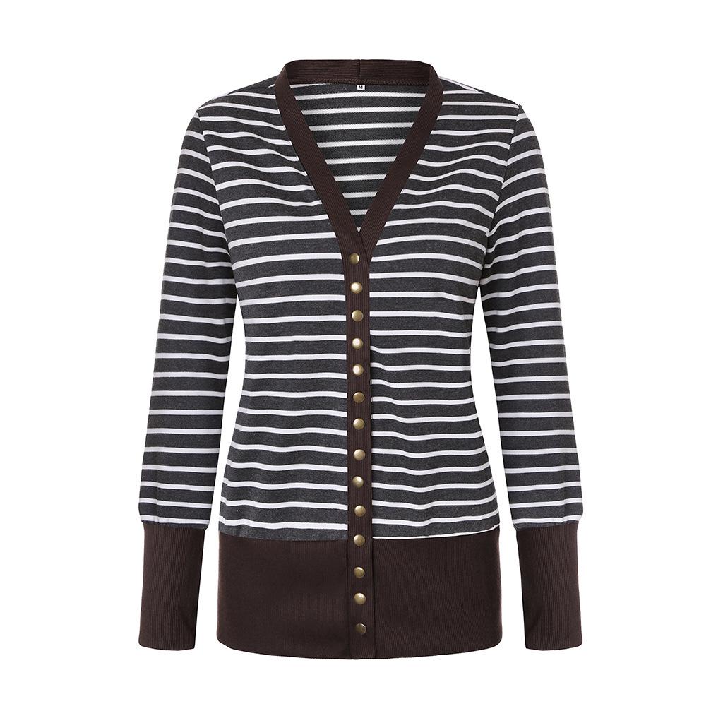Women's Long Sleeve Ribbed Neckline Open Front Stripe Snap Button Down Knit Cardigans Sweater Coats
