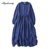 Японское платье миди Mori Girl весна-осень для женщин, темно-синее платье со шнуровкой и оборками, с длинным рукавом, винтажное элегантное хлопковое платье