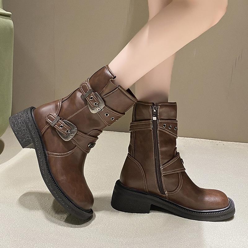 Модные новые осенние массивные одинарные ботинки женские квадратные с металлической пряжкой на ремне, с боковой молнией, на толстой подошве, нескользящие ботинки до середины икры Zapatos Mujer