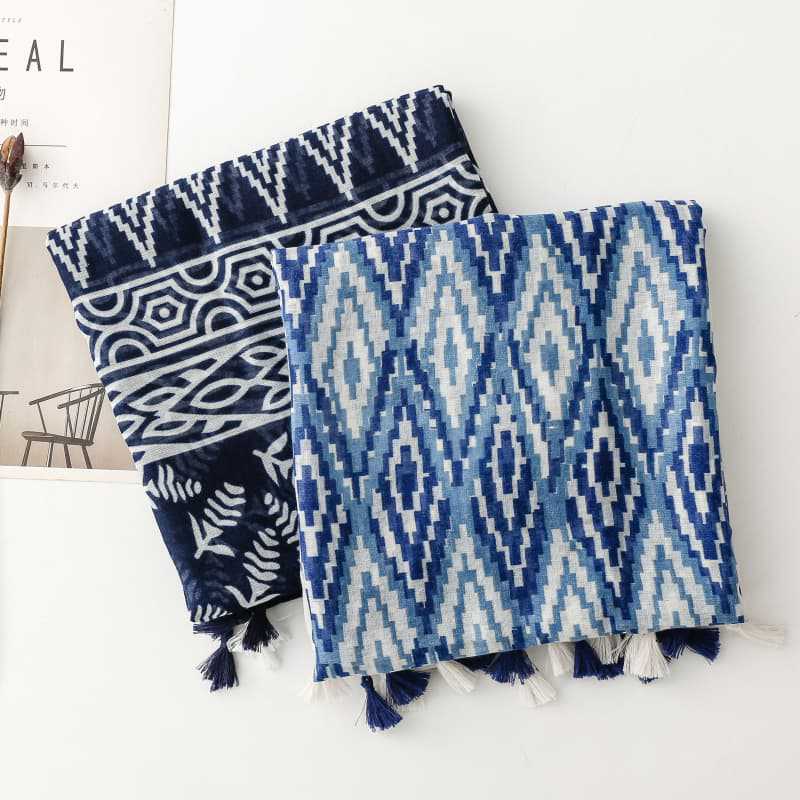 Women'S Soft Navy Blue Bohemian Tassel Scarf, Fashionable Scarf, Headscarf, Travel, Vacation, Beach Wrap, Shawl for Weekend Casual