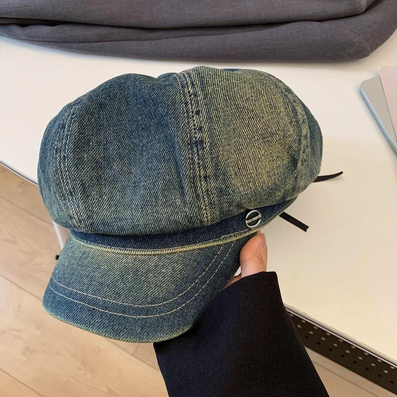 Отдел старых потертых джинсовых беретов, женская весенне-осенняя универсальная шляпа с большой окружностью головы, показывающая лицо, маленькая шляпа
