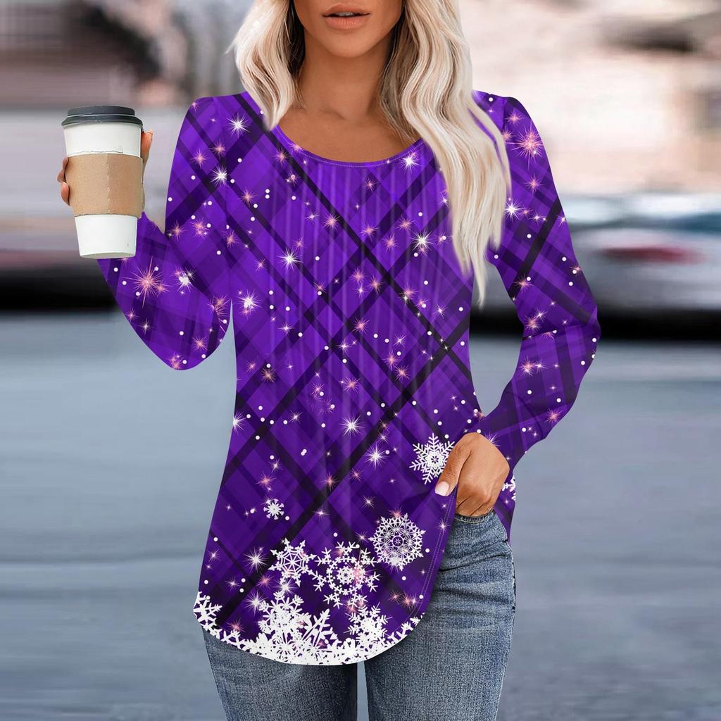 Женская повседневная и модная принтованная футболка с круглым вырезом и длинными рукавами, плиссированная футболка на Рождество