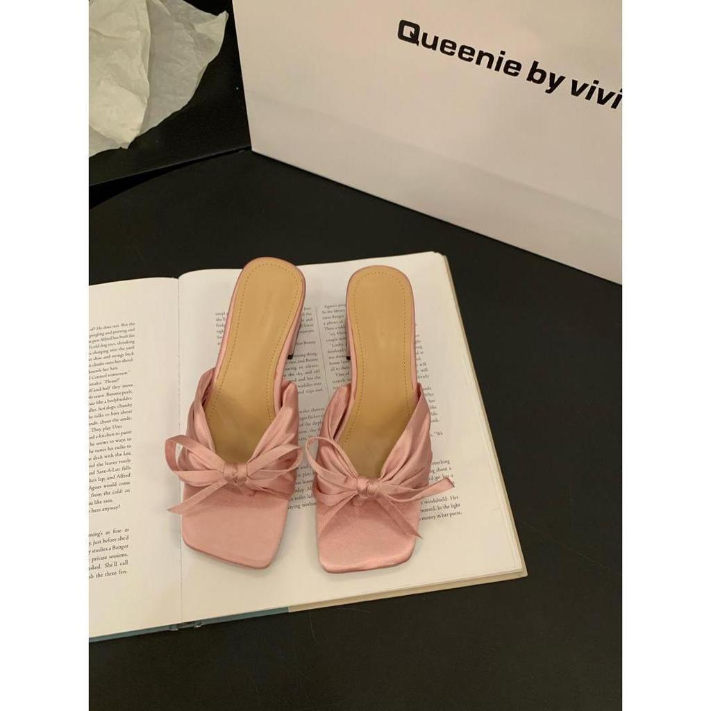 Французские тапочки «Вечерний бриз», туфельки феи, новинка лета 2025, темпераментные розовые босоножки с бантом, босоножки на высоком каблуке