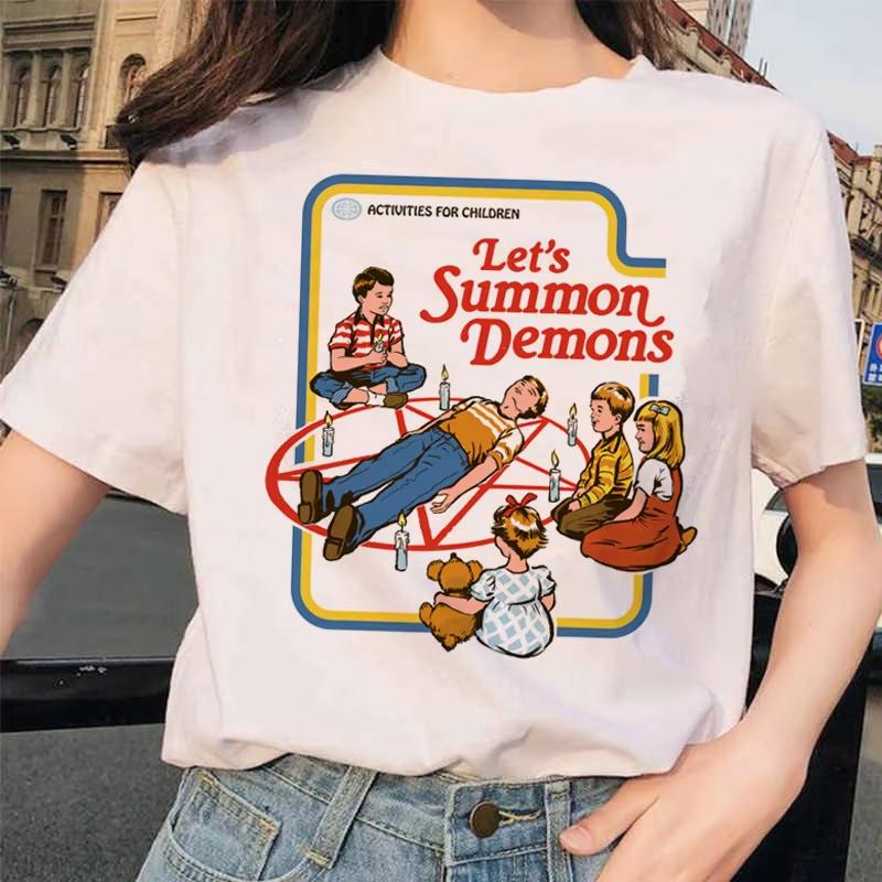 Lets Summon Demons Aesthetics T Shirt Unisex Summer Casual Harajuku Cartoon Print Satan Short Sleeve Tops Camiseta Streetwear