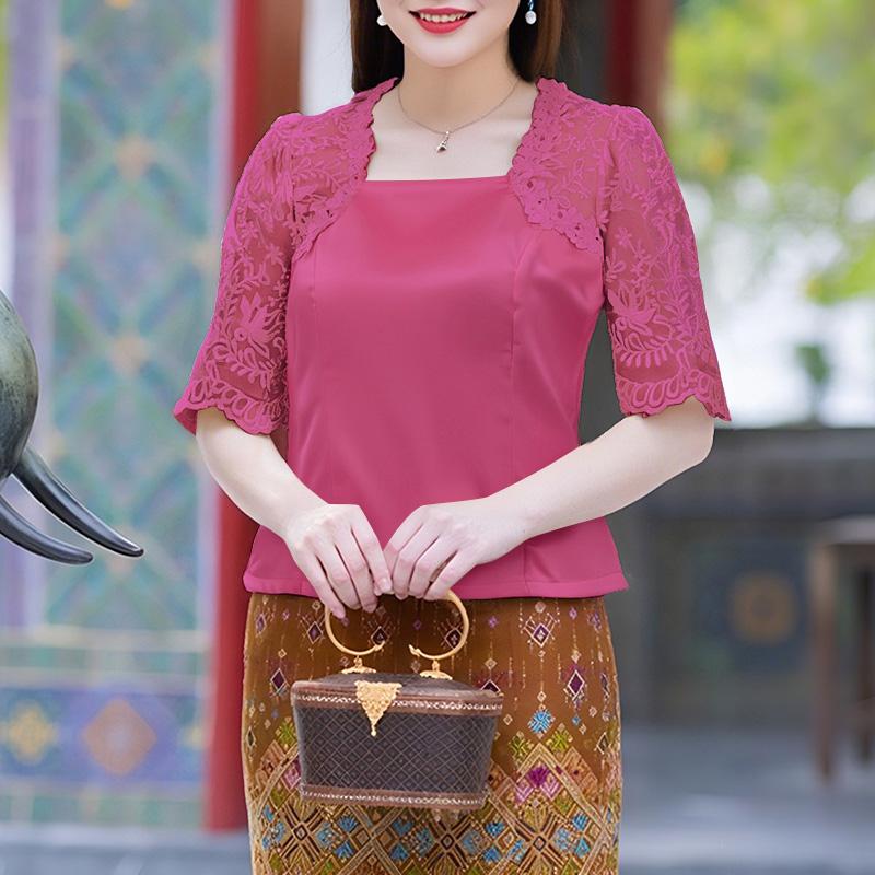 ZANZEA Женская повседневная атласная блузка с квадратным вырезом, кружевной вставкой и рукавами до локтя